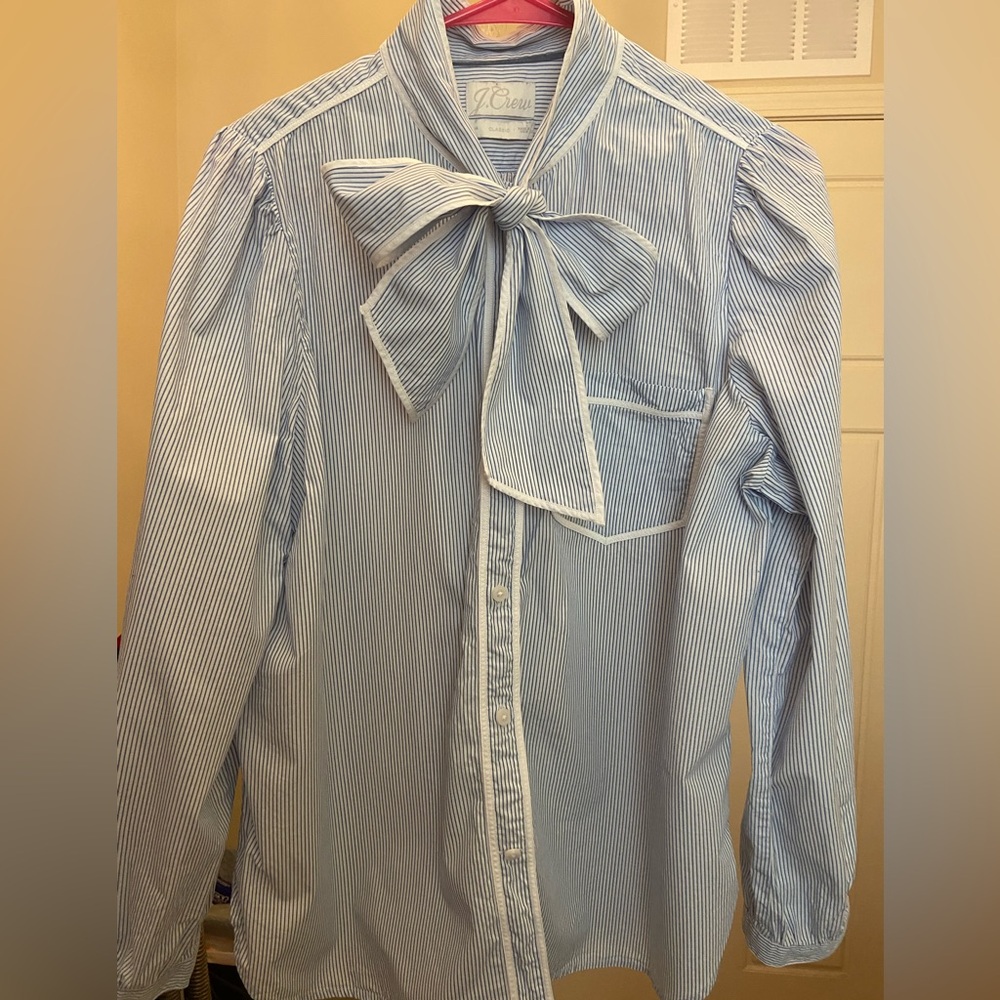 J. Crew Blue Striped Blouse with Bow